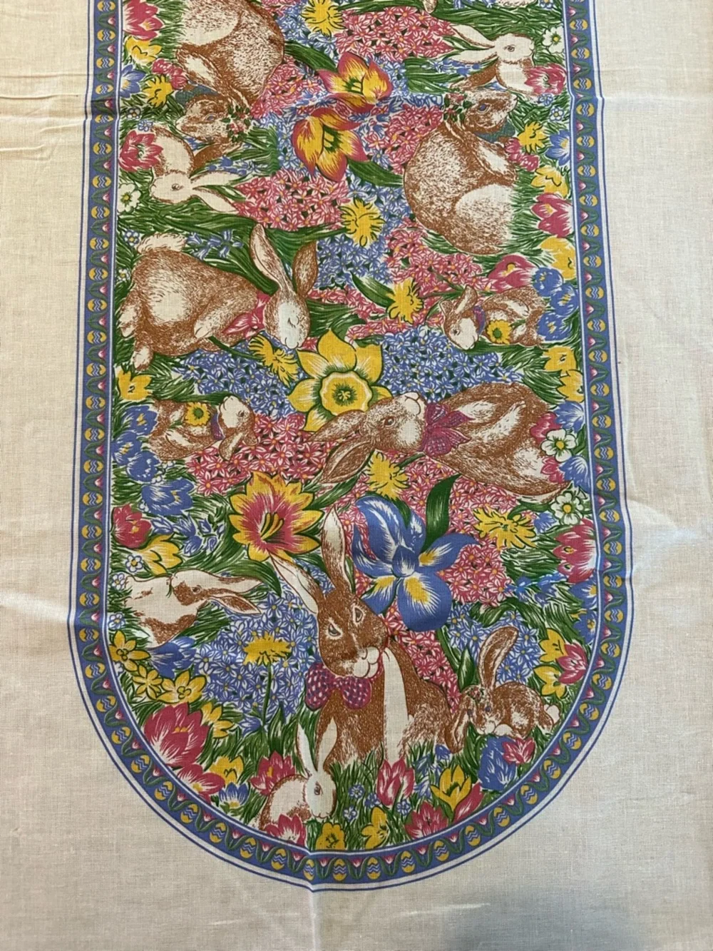 Vintage 90s Easter Bunny Floral Tablecloth Cotton Cottagecore Spring Decor